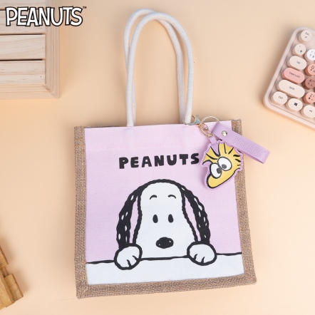史努比偷看麻布拼帆布購物袋(附吊飾)