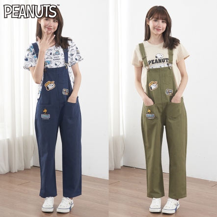 史努比棒球徽章雙口袋牛仔吊帶長褲