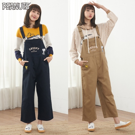 史努比嗚嘴巴山型口袋牛仔吊帶褲