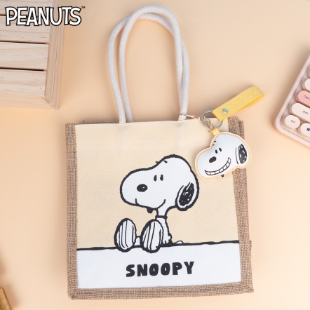 史努比坐好麻布拼帆布購物袋(附吊飾)