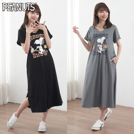 史努比騎木馬V領袖口反折長洋裝
