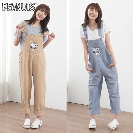 史努比看棒球寬鬆牛仔吊帶褲