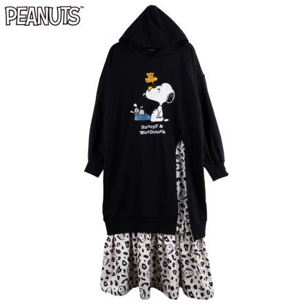 史努比豹紋連帽開岔拼接洋裝