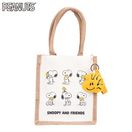史努比好朋友麻布拼帆布購物袋(附吊飾)