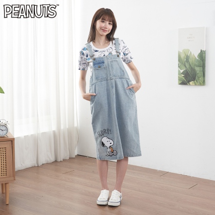 史努比下午茶時間修身後開岔吊帶裙