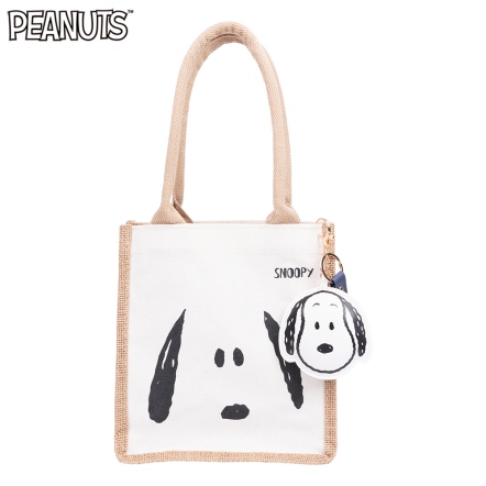 史努比大臉麻布拼帆布購物袋(附吊飾)