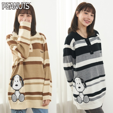 史努比呆萌正臉翻領寬鬆針織長版毛衣
