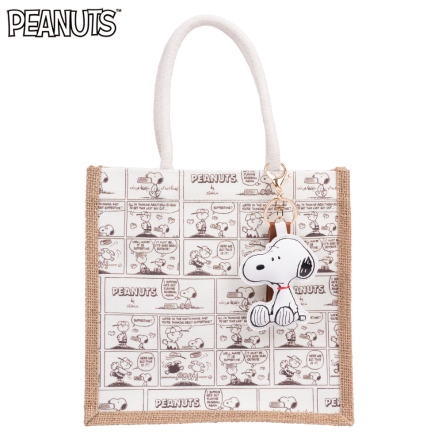 史努比滿版麻布拼帆布購物袋(附吊飾)