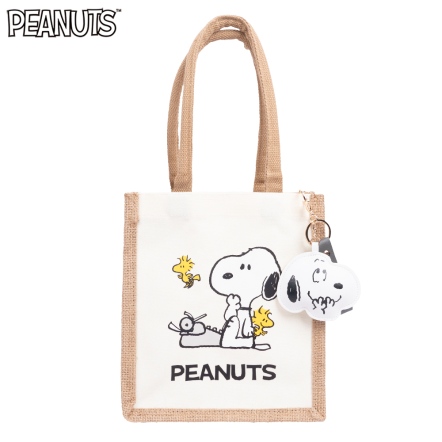 史努比摀嘴麻布拼帆布購物袋(附吊飾)