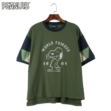 史努比世界有名三角拼布短袖上衣(綠/杏)