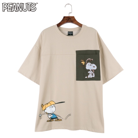 史努比棒球閃過斜紋拼色短袖上衣(藍/卡其)