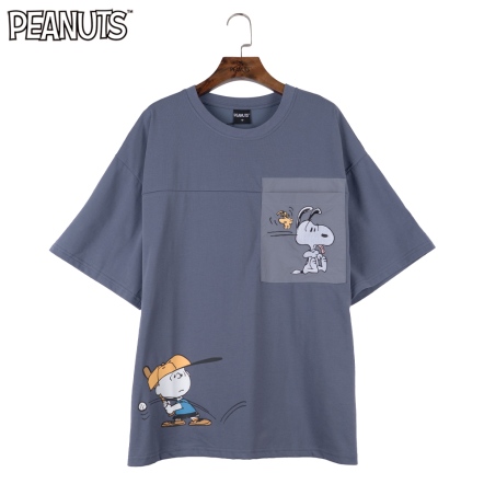 史努比棒球閃過斜紋拼色短袖上衣(藍/卡其)